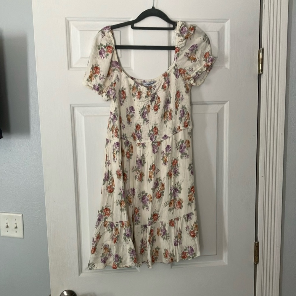 Floral Mini Dress - Cream with Purple and Orange